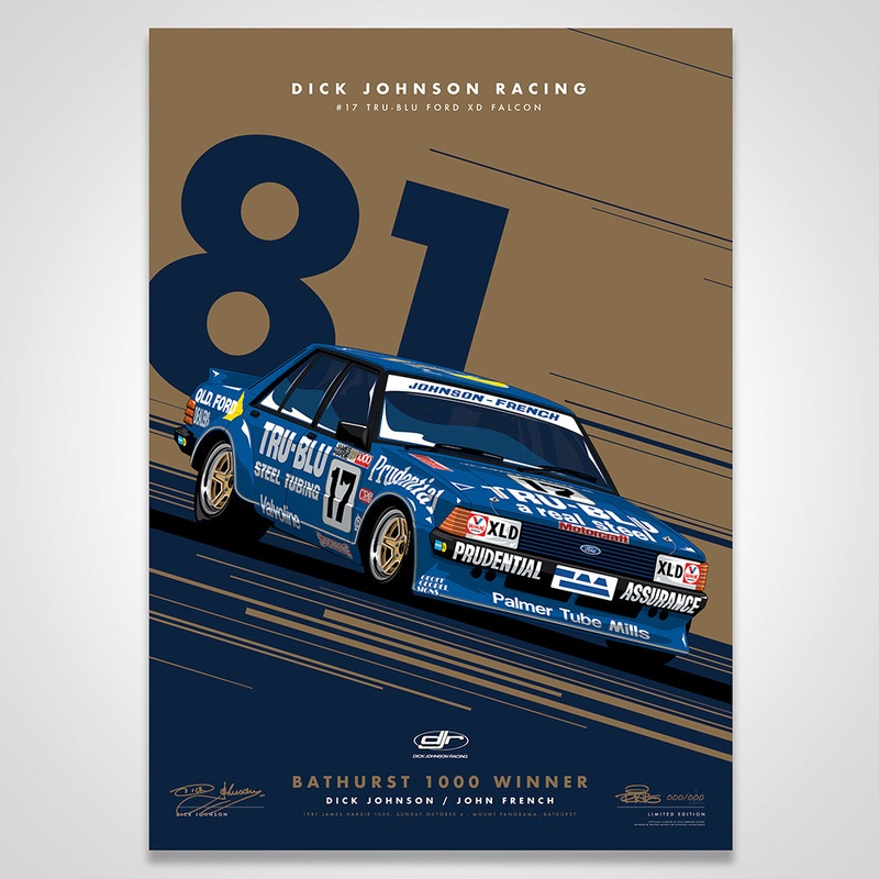 Dick Johnson Racing Tru-Blu Ford Falcon XD 1981 Bathurst 1000 Winner – Metallic Gold Limited Edition Signed Print