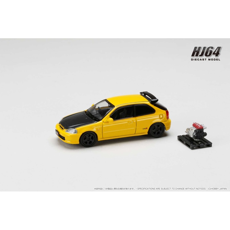 Hobby Japan 1:64 Honda Civic Type-R (EK9) Early Version Custom in Sunlight Yellow with Engine Display