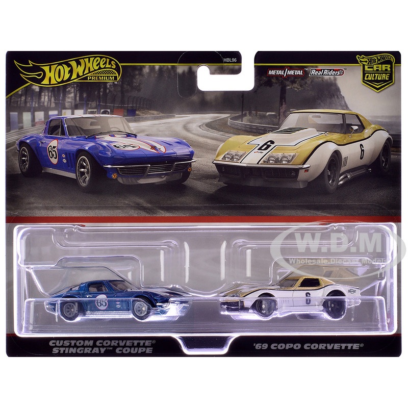 Chevrolet Custom Corvette Stingray Coupe #65 Blue Metallic with White Stripes and 1969 Chevrolet COPO Corvette #6 Gold Metallic and White Car Culture Set of 2 Cars Diecast Model Cars by Hot Wheels