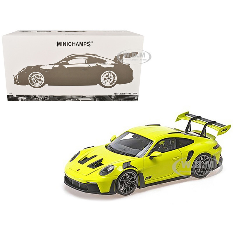 2024 Porsche 911 GT3 RS Acid Green with Carbon Top and Hood Stripes Limited Edition to 400 pieces Worldwide 1/18 Diecast Model Car by Minichamps