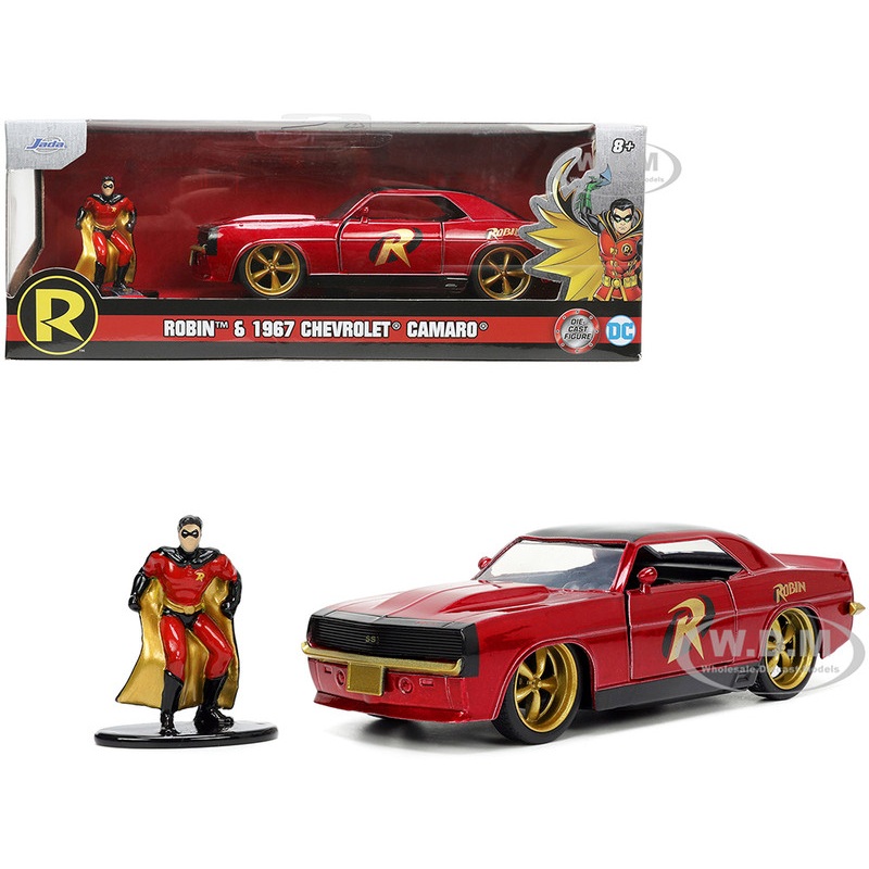 1969 Chevrolet Camaro Dark Red Metallic with Black Top and Robin Diecast Figure Batman Hollywood Rides Series 1/32 Diecast Model Car by Jada