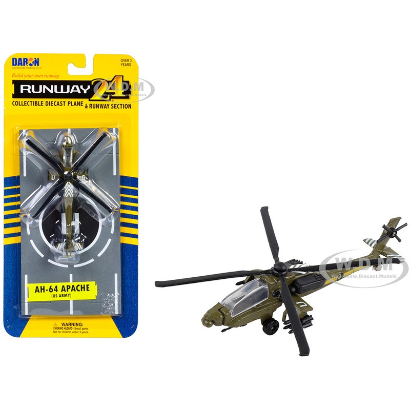 Boeing AH-64 Apache Helicopter Olive Drab United States Army with Runway Section Diecast Model by Runway24