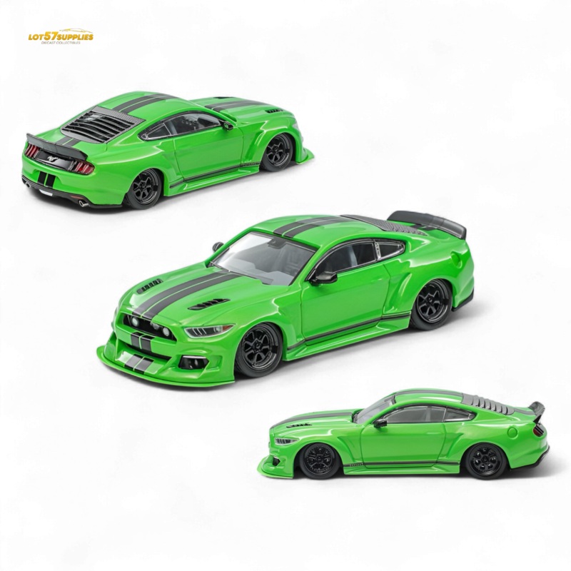 (Pre-Order) Liberty 64 Mustang Lowered Widebody Kit – Fluorescent Metallic Green + Black Stripes 1:64