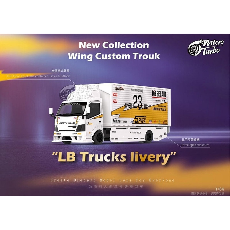 Micro Turbo 1/64 Diecast Model Custom Gull Wing Truck LB #23 White Color