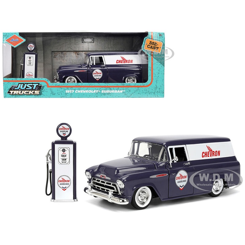 1957 Chevrolet Suburban Chevron Dark Blue with White Stripes and Chevron Gas Pump Just Trucks Series 1/24 Diecast Model Car by Jada