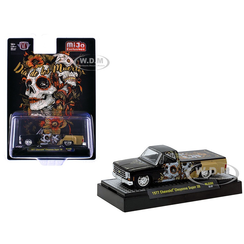 1977 Chevrolet Cheyenne Super 30 Pickup Truck Dia De Los Muertos Black with Graphics Limited Edition to 9900 pieces Worldwide 1/64 Diecast Model Car by M2 Machines