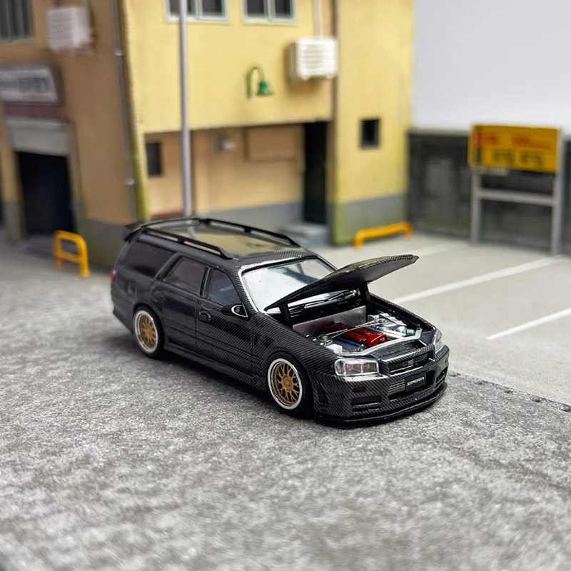 Zoom 1/64 Nissan Stagea Skyline GT-R R34 WC34 260RS Wagon Open Engine Bonnet – Full Carbon Black
