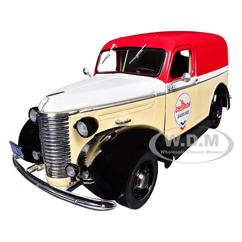1939 Chevrolet Panel Truck Chevron Gasolines Red and Beige with White Hood and Stripes Running on Empty Series 7 1/24 Diecast Model Car by Greenlight