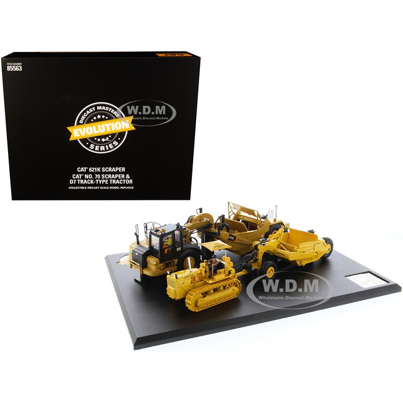 CAT Caterpillar 621K Tractor Scraper and CAT Caterpillar D7 Track-Type Tractor with No. 70 Scraper Set Evolution Series 1/50 Diecast Models by Diecast Masters