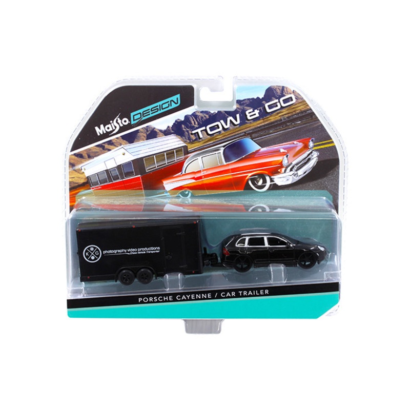 Porsche Cayenne Black and Car Trailer Tow & Go 1/64 Diecast Model by Maisto