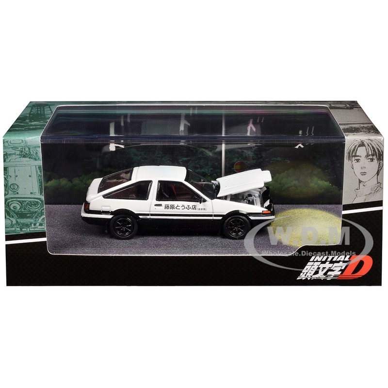 Toyota Sprinter Trueno (AE86) RHD (Right Hand Drive) White and Black Engine Mounted Model VS Kyoichi Sudo Initial D (1995-2013) Manga 1/64 Diecast Model Car by Hobby Japan