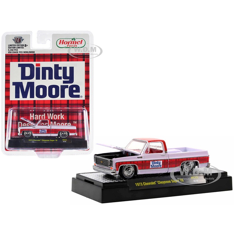 1973 Chevrolet Cheyenne Super 10 Pickup Truck White with Red Top and Red Plaid Stripe Dinty Moore Limited Edition to 9350 pieces Worldwide 1/64 Diecast Model Car by M2 Machines