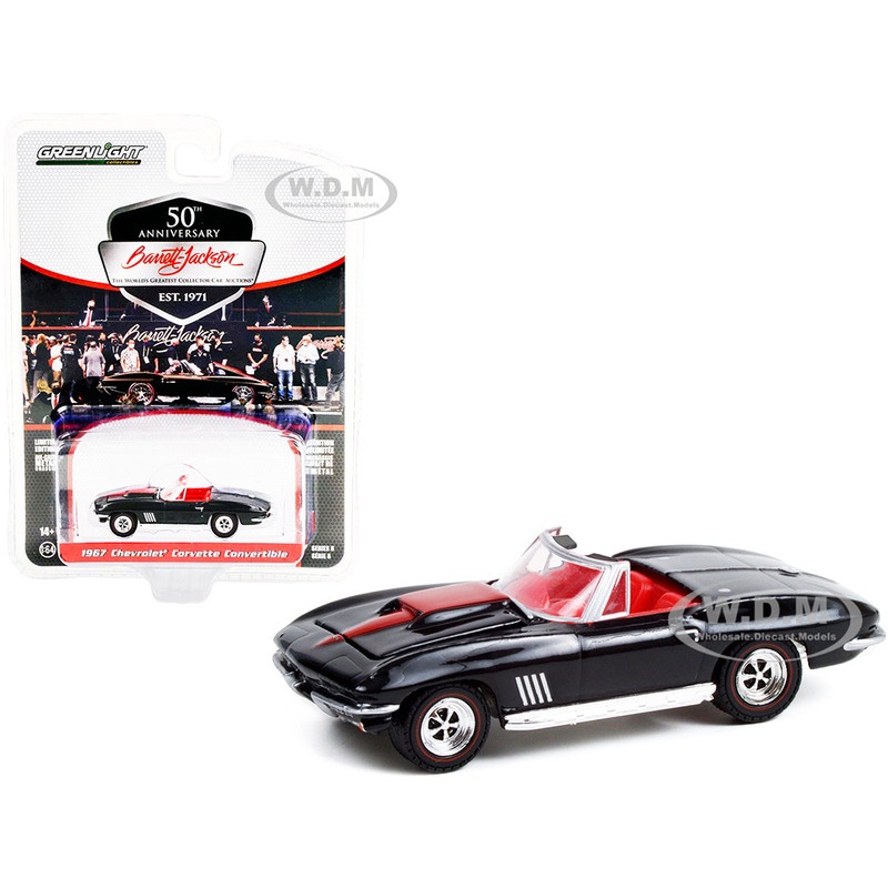 1967 Chevrolet Corvette Convertible Black with Red Stripe and Red Interior (Lot #1367) Barrett Jackson Scottsdale Edition Series 8 1/64 Diecast Model Car by Greenlight