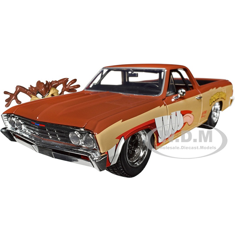 1967 Chevrolet El Camino Brown and Beige with Graphics and Tasmanian Devil (Taz) Diecast Figure Looney Tunes Hollywood Rides Series 1/24 Diecast Model Car by Jada
