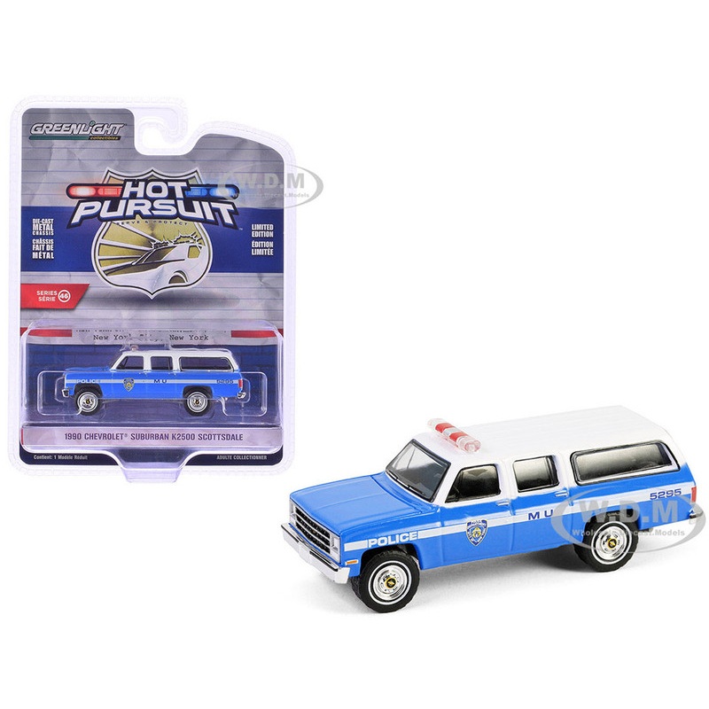 1990 Chevrolet Suburban K2500 Scottsdale NYPD (New York City Police Department) Blue with White Top Hot Pursuit Series 46 1/64 Diecast Model Car by Greenlight