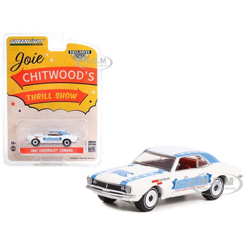 1967 Chevrolet Camaro White with Blue Stripes Joie Chitwoods Thrill Show: Legion of Worlds Greatest Daredevils Hobby Exclusive Series 1/64 Diecast Model Car by Greenlight