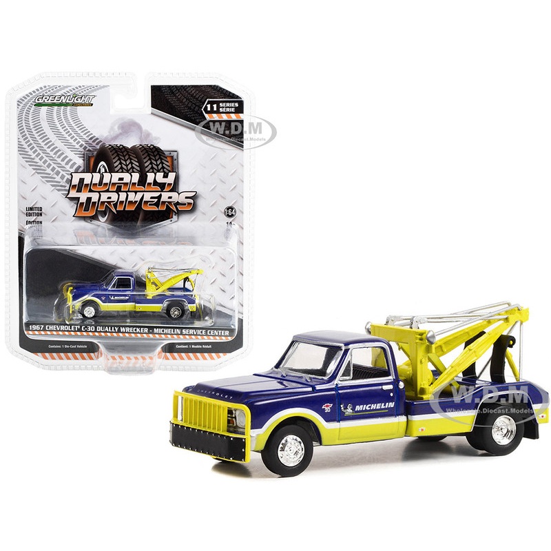 1967 Chevrolet C-30 Dually Wrecker Tow Truck Michelin Service Center Blue and Yellow Dually Drivers Series 11 1/64 Diecast Model Car by Greenlight