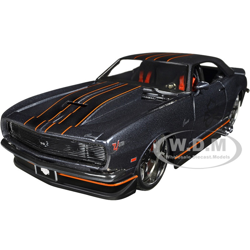 1968 Chevrolet Camaro Z/28 Dark Gray Metallic with Black and Orange Stripes Harley Davidson H-D Custom 1/24 Diecast Model Car by Maisto