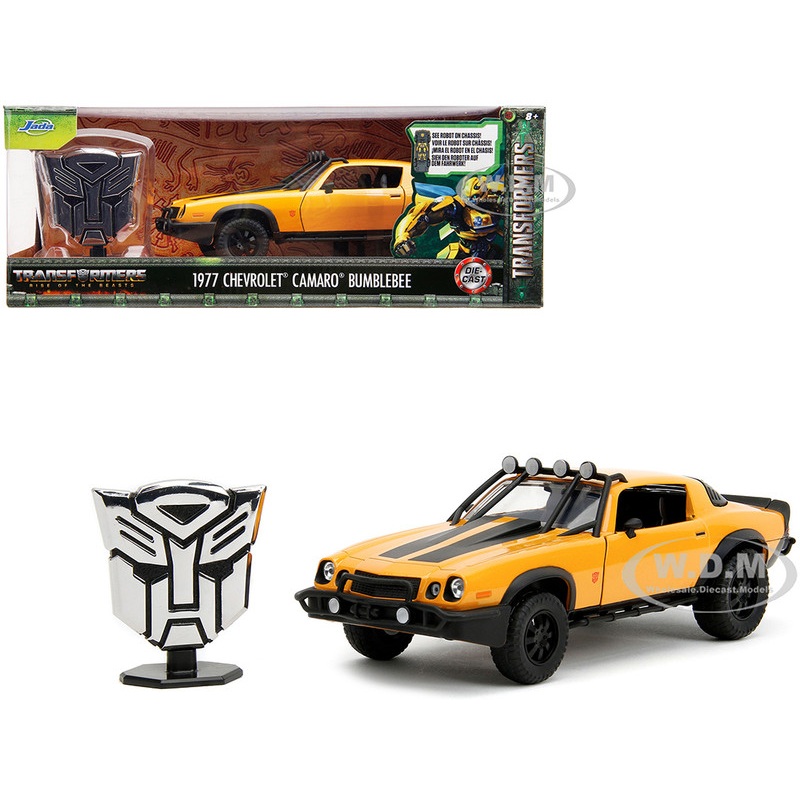 1977 Chevrolet Camaro Off-Road Version Bumblebee Yellow Metallic with Black Stripes and Transformers Logo Diecast Statue Transformers: Rise of the Beasts (2023) Movie Hollywood Rides Series 1/24 Diecast Model Car by Jada