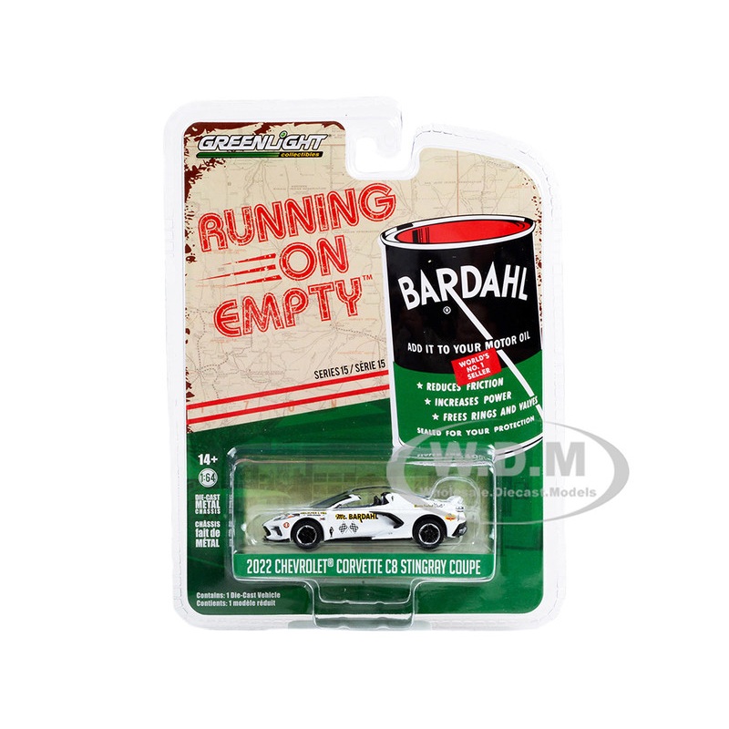 2022 Chevrolet Corvette C8 Stingray Convertible White with Blue Stripes and Interior Mr. Bardahl Running on Empty Series 15 1/64 Diecast Model Car by Greenlight
