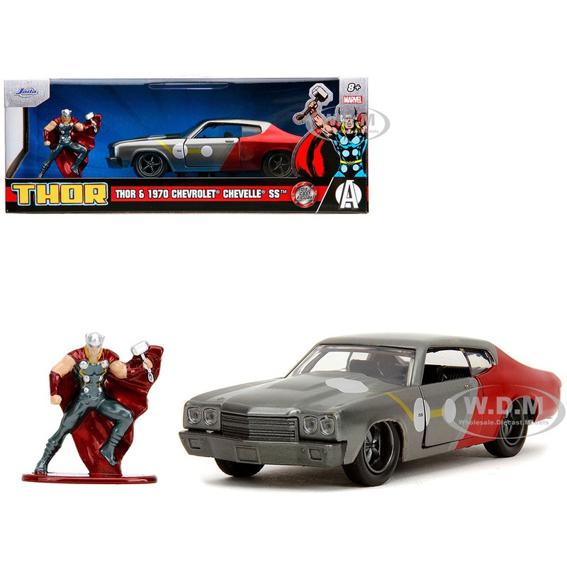 1970 Chevrolet Chevelle SS Gray Metallic and Red Metallic with Black Hood and Thor Diecast Figure The Avengers Hollywood Rides Series 1/32 Diecast Model Car by Jada