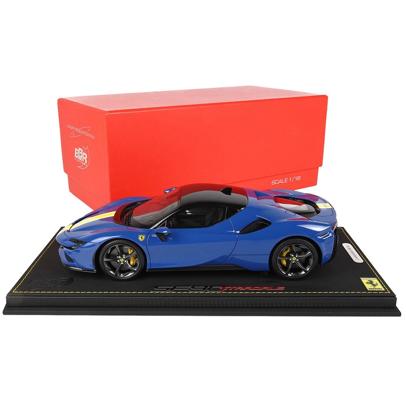 2019 Ferrari SF90 Stradale Azzurro Dino Blue with Yellow and White Stripes with DISPLAY CASE Limited Edition to 99 pieces Worldwide 1/18 Model Car by BBR