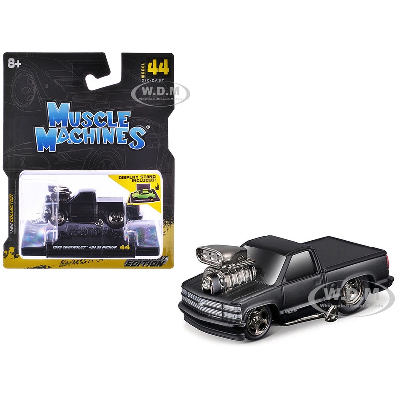 1993 Chevrolet 454 SS Pickup Truck Matt Black Blackout Edition 1/64 Diecast Model Car by Muscle Machines