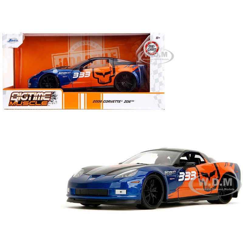 2006 Chevrolet Corvette Z06 #333 Spirit Racing Blue Metallic and Orange with Black Hood and Top Bigtime Muscle Series 1/24 Diecast Model Car by Jada