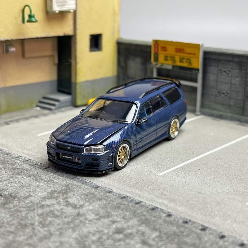 Zoom 1/64 Nissan Stagea Skyline GT-R R34 WC34 260RS Wagon Open Engine Bonnet – Full Carbon Blue
