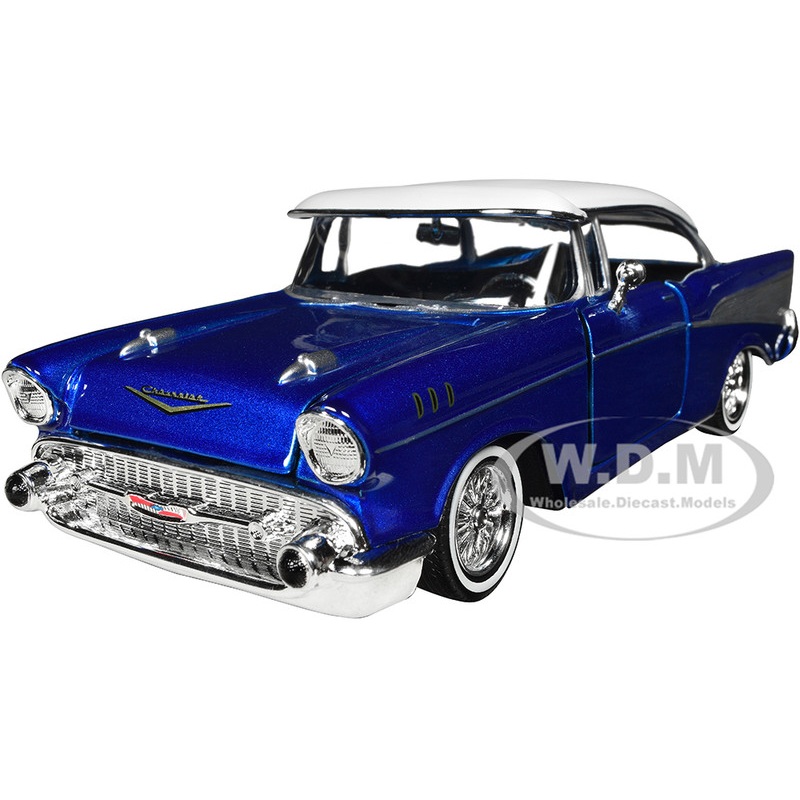 1957 Chevrolet Bel Air Lowrider Candy Blue with White Top Get Low Series 1/24 Diecast Model Car by Motormax