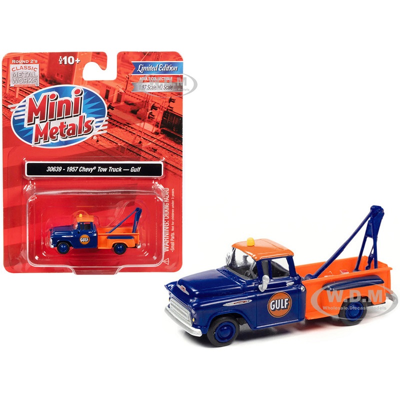 1957 Chevrolet Stepside Tow Truck Gulf Blue and Orange 1/87 (HO) Scale Model Car by Classic Metal Works