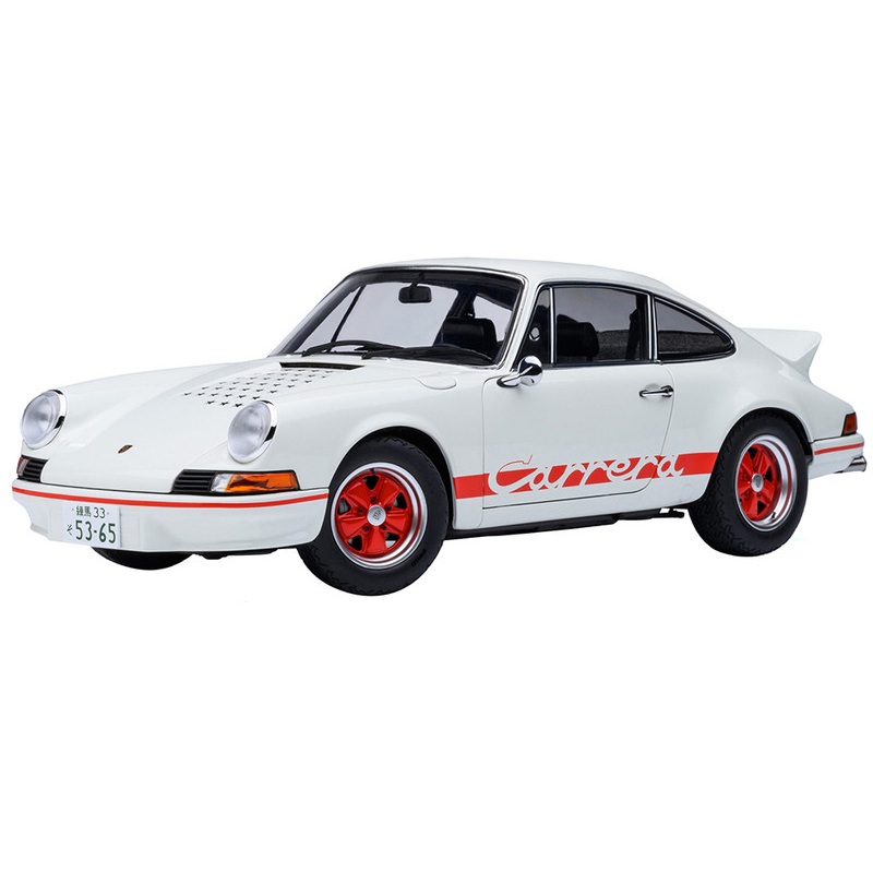 Porsche 911 Carrera 2.7 RS The Circuit Wolf White with Red Stripes and Wheels with Hood Graphics 1/18 Model Car by Autoart