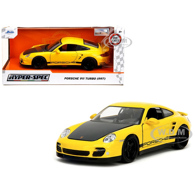 Porsche 911 Turbo (997) Yellow with Carbon Hood Hyper-Spec Series 1/24 Diecast Model Car by Jada