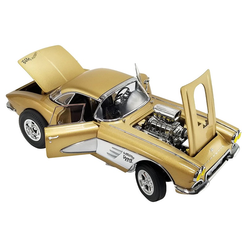 1961 Chevrolet Corvette Gasser Rat Fink’s The Fugitive Vette Gold Metallic Limited Edition to 414 pieces Worldwide 1/18 Diecast Model Car by ACME