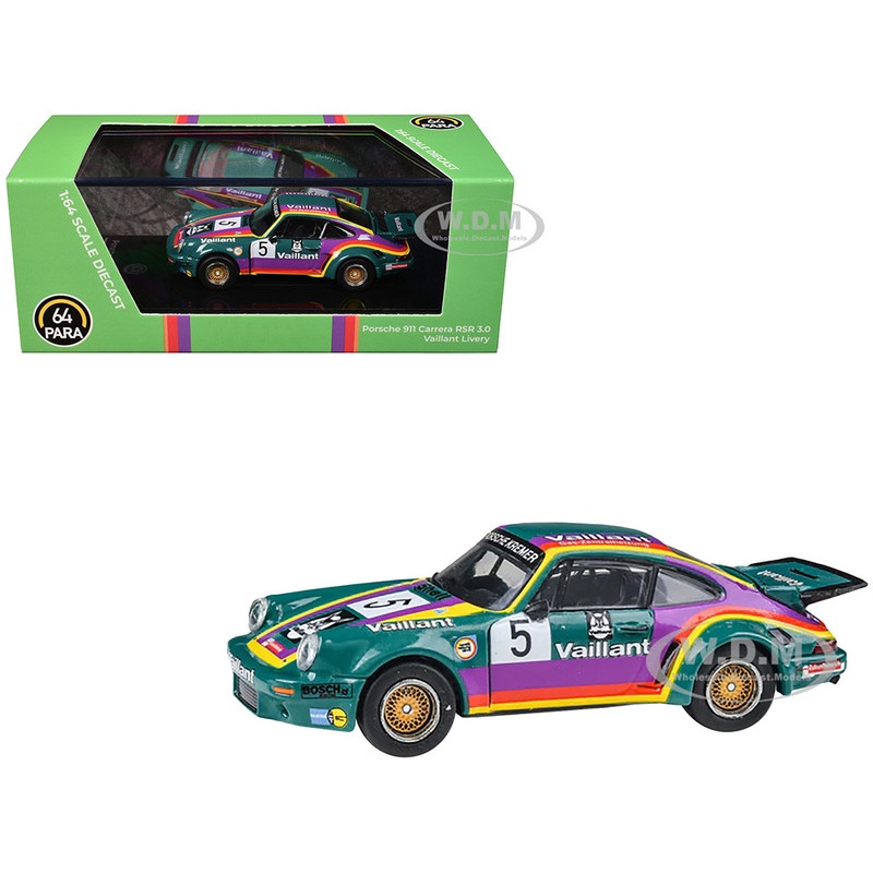 1975 Porsche 911 Carrera RSR 3.0 #5 Kremer Racing – Vaillant Green with Stripes 1/64 Diecast Model Car by Paragon Models