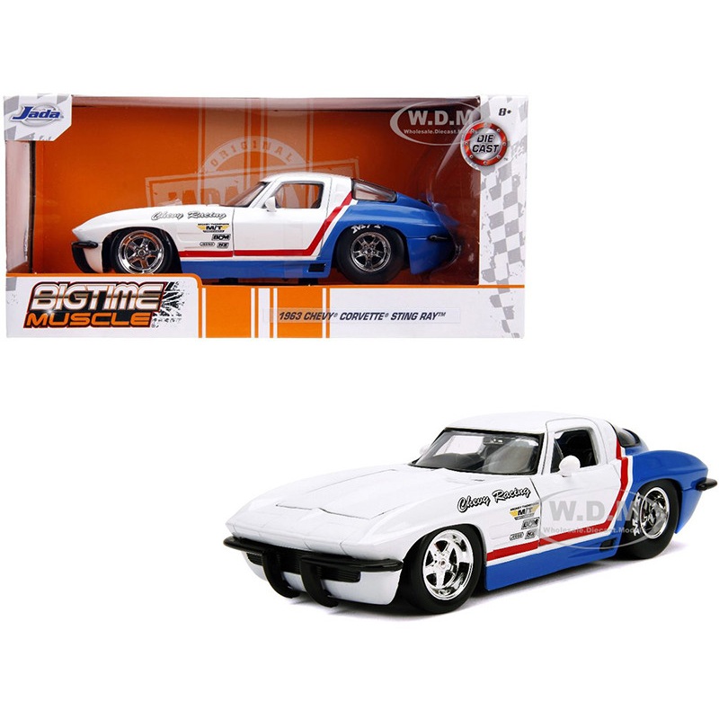 1963 Chevrolet Corvette Stingray White and Blue with Red Stripe Chevy Racing Bigtime Muscle 1/24 Diecast Model Car by Jada