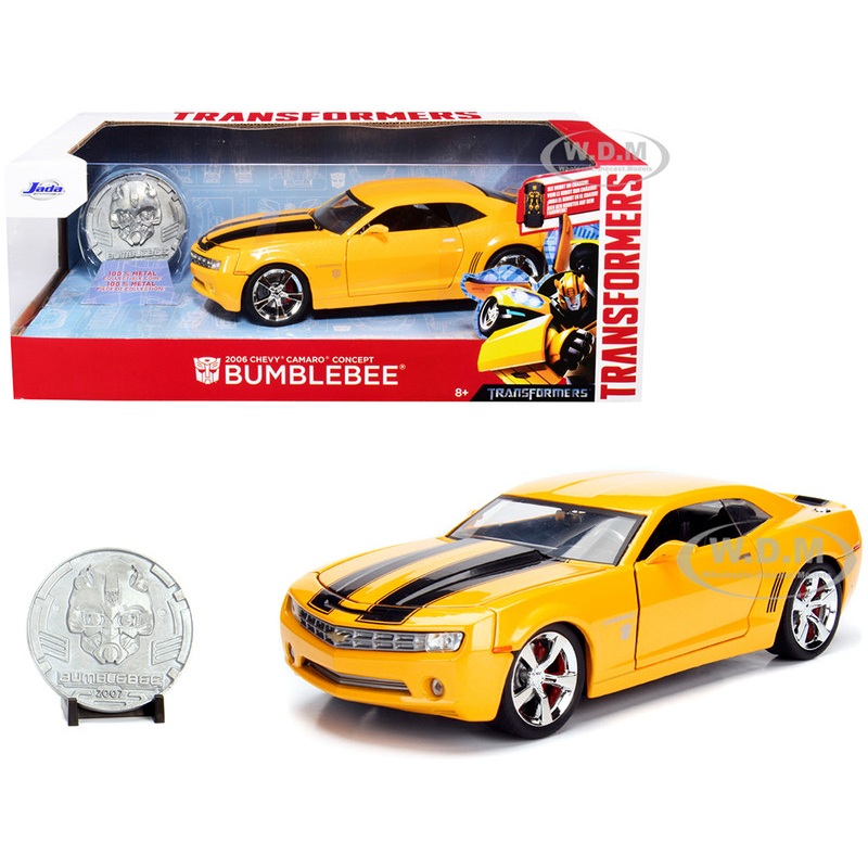 2006 Chevrolet Camaro Concept Yellow Bumblebee with Robot on Chassis and Collectible Metal Coin Transformers Movie 1/24 Diecast Model Car by Jada