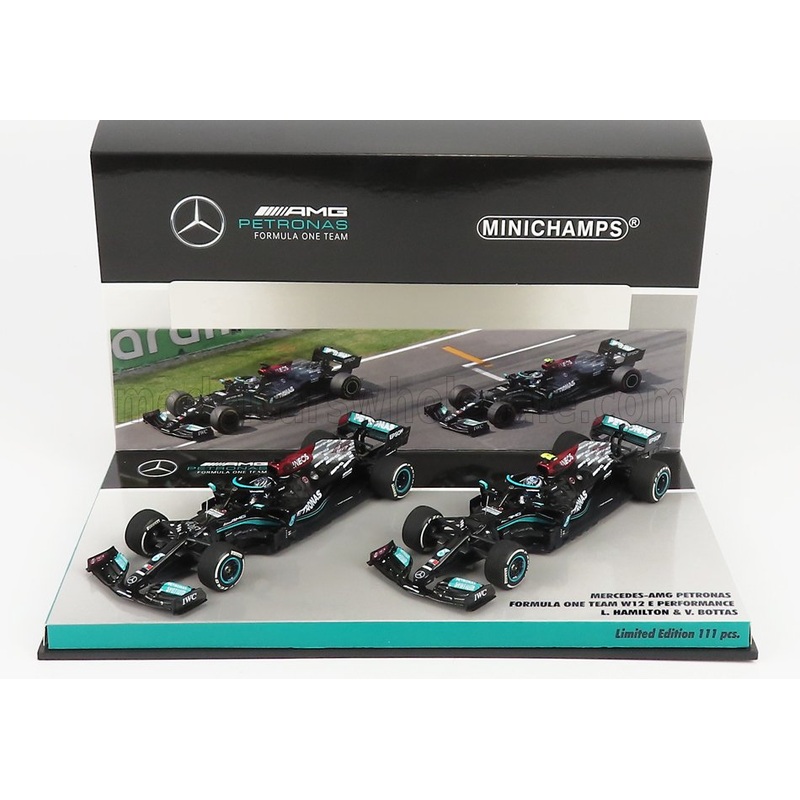 MERCEDES GP – F1  SET 2X W12 MERCEDES M12 EQ POWER+ TEAM AMG PETRONAS MOTORSPORT FORMULA ONE N 44 SEASON 2021 LEWIS HAMILTON + N 77 SEASON 2021 VALTTERI BOTTAS – BLACK GREEN