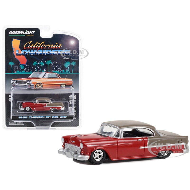 1955 Chevrolet Bel Air Lowrider Ruby Red and Matt Bronze California Lowriders Series 3 1/64 Diecast Model Car by Greenlight