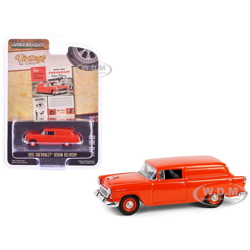 1955 Chevrolet Sedan Delivery Orange Red First in Appearance and Performance Vintage Ad Cars Series 11 1/64 Diecast Model Car by Greenlight