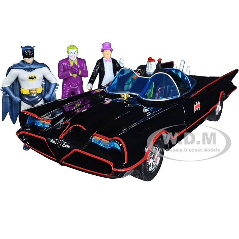 1966 Classic Batmobile with Diecast Batman, The Joker, The Penguin and Plastic Robin Sitting Inside The Car Batman TV Series (1966) Hollywood Rides Series 1/24 Diecast Model Car by Jada