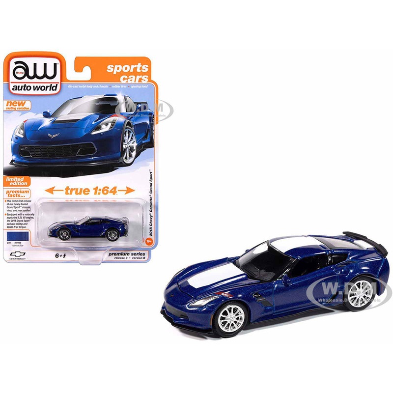 2018 Chevrolet Corvette Grand Sport Admiral Blue with White Stripe Sports Cars Series 1/64 Diecast Model Car by Auto World