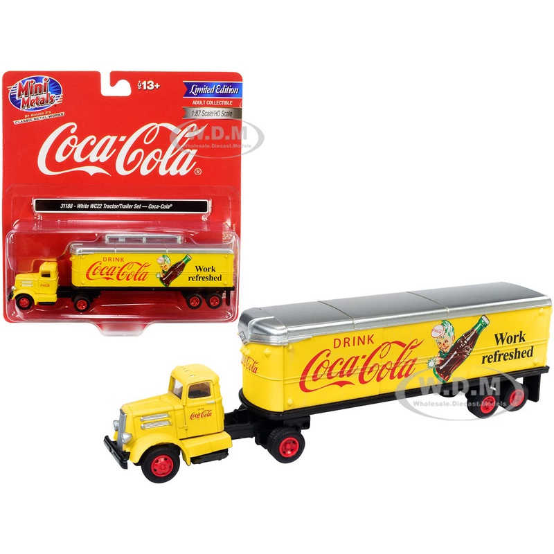 White WC22 Tractor Trailer Coca-Cola Yellow 1/87 (HO) Scale Model by Classic Metal Works