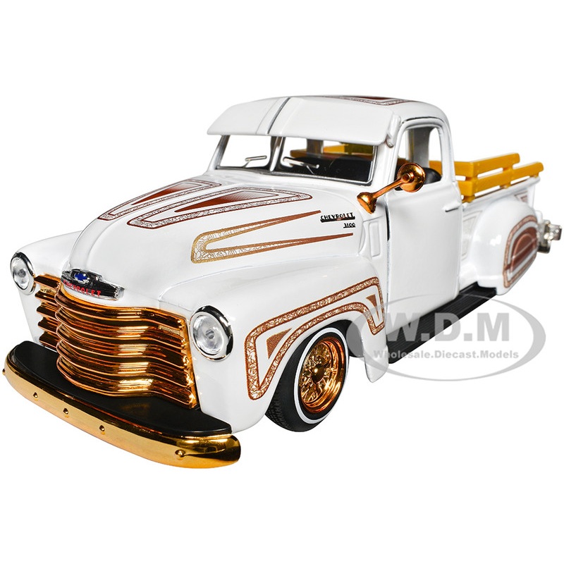 1950 Chevrolet 3100 Pickup Truck Lowrider White with Graphics and Gold Wheels Lowriders Series 1/25 Diecast Model Car by Maisto