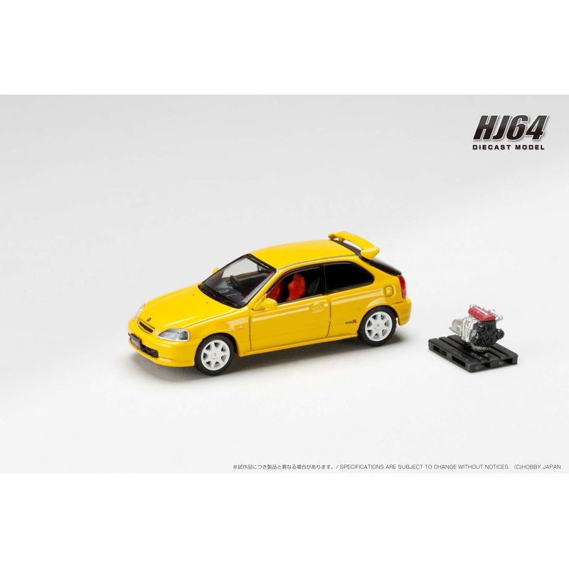 Hobby Japan 1/64 Honda CIVIC TYPE R (E-EK9) 1997 with Engine Display Model Yellow Honda Official Licensed
