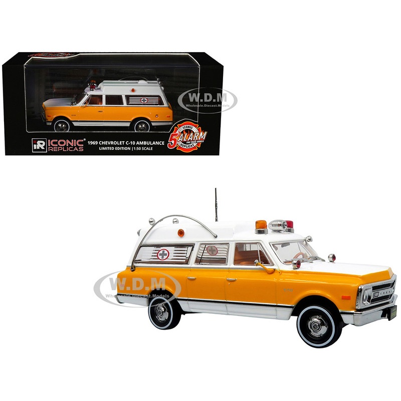 1969 Chevrolet C-10 Ambulance Rampart General Hospital White and Yellow 5 Alarm Series Limited Edition 1/50 Diecast Model by Iconic Replicas