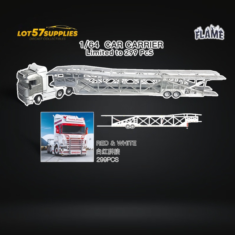 (Pre-Order) Flame Scania Car Carrier Transport Truck Red White 1:64 – Limited to 299 Pcs