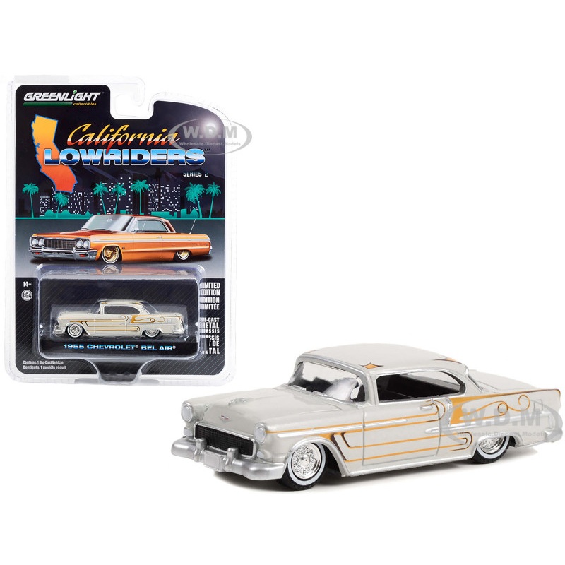 1955 Chevrolet Bel Air Custom Light Gray Metallic and Gold Graphics California Lowriders Series 2 1/64 Diecast Model Car by Greenlight