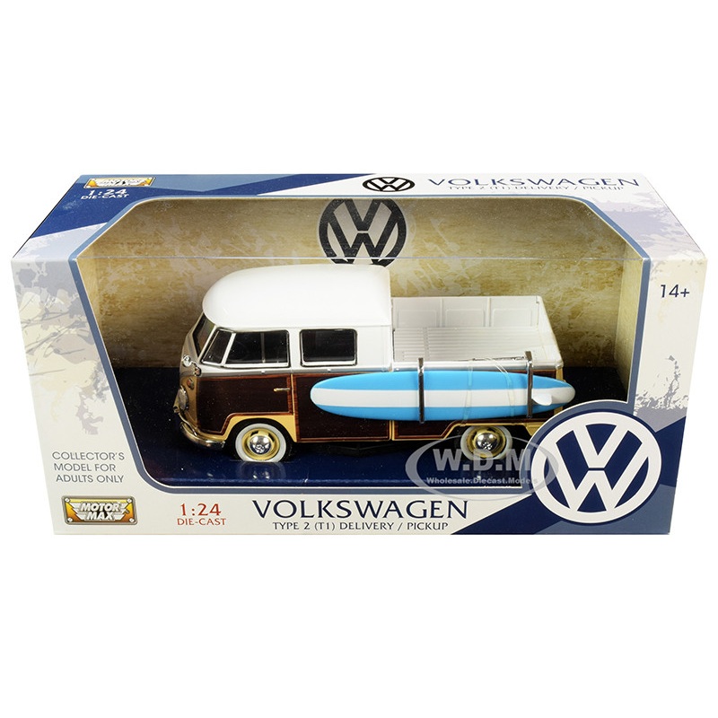 Volkswagen Type 2 (T1) Pickup White and Yellow with Wood Paneling with Surfboard 1/24 Diecast Model Car by Motormax