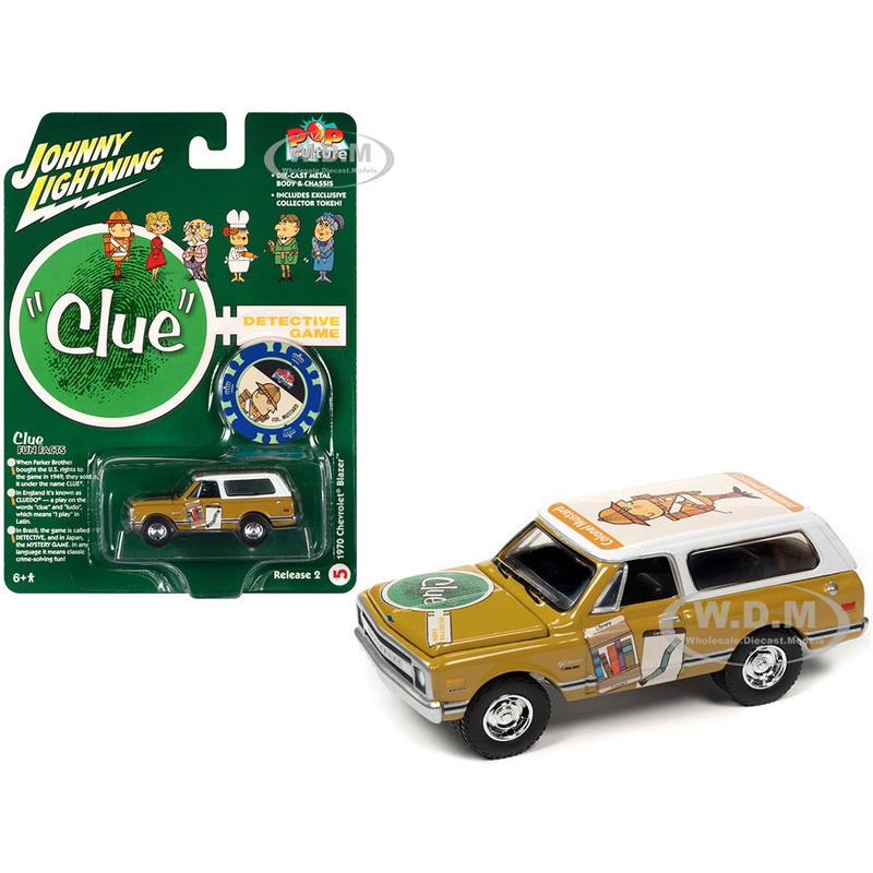 1970 Chevrolet Blazer Mustard Yellow with White Top (Colonel Mustard) w/Poker Chip Collector’s Token Vintage Clue Pop Culture 2022 Release 2 1/64 Diecast Model Car by Johnny Lightning